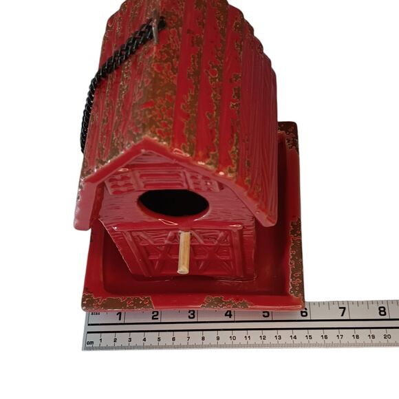 Ceramic Red Barn Bird Feeder With Hanging Chain & Perch Stick 8 "x 6" x 6" - Picture 13 of 14